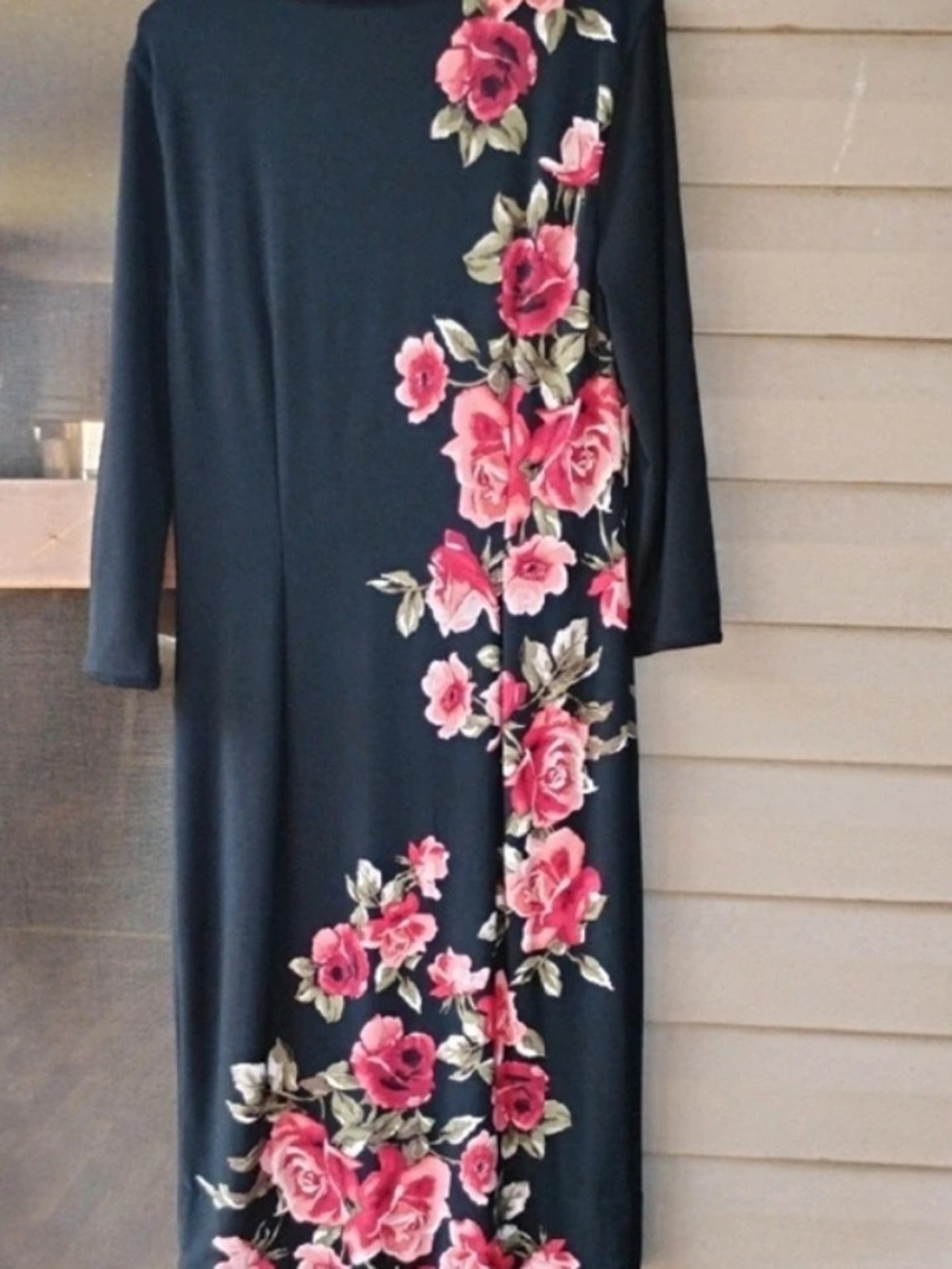 White House Black Market Black Long-Sleeve Dress with Pink Rose Print